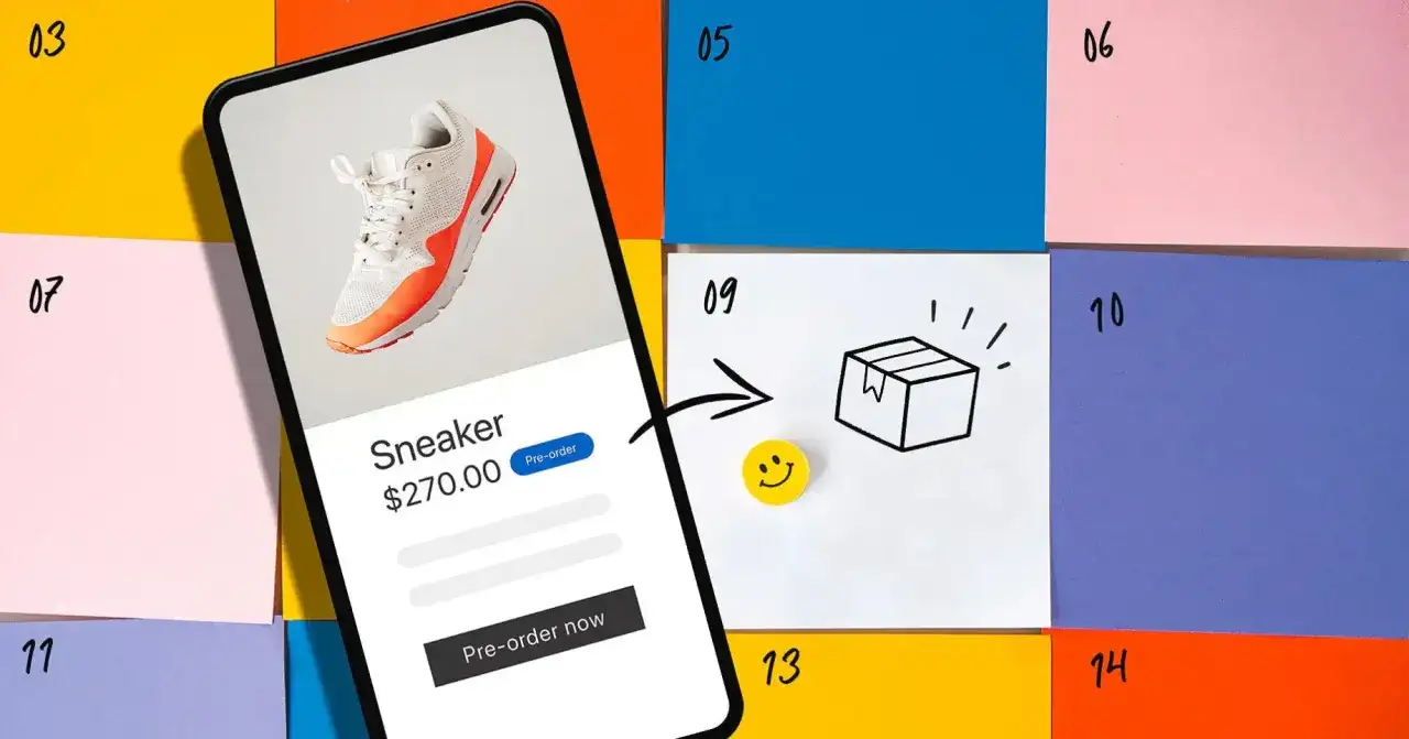 Telefon pokazuje buty na sprzedaż. Strzałka prowadzi do rysunku paczki i uśmiechniętej buźki, ilustrując, co to przedsprzedaż – zamówienie przed premierą.