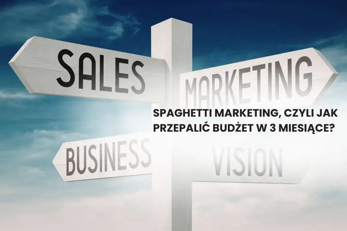 Znak drogowy z napisami "SALES", "MARKETING", "BUSINESS", "VISION". Tekst "SPAGHETTI MARKETING, CZYLI JAK PRZEPALIĆ BUDŻET W 3 MIESIĄCE?" sugeruje, że skuteczny influence marketing wymaga strategii.