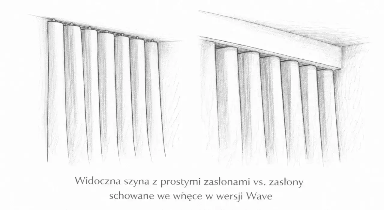 Szyba z zasłonami na szynie sufitowej. Po lewej zasłony wiszą prosto, po prawej są schowane we wnęce w wersji Wave.