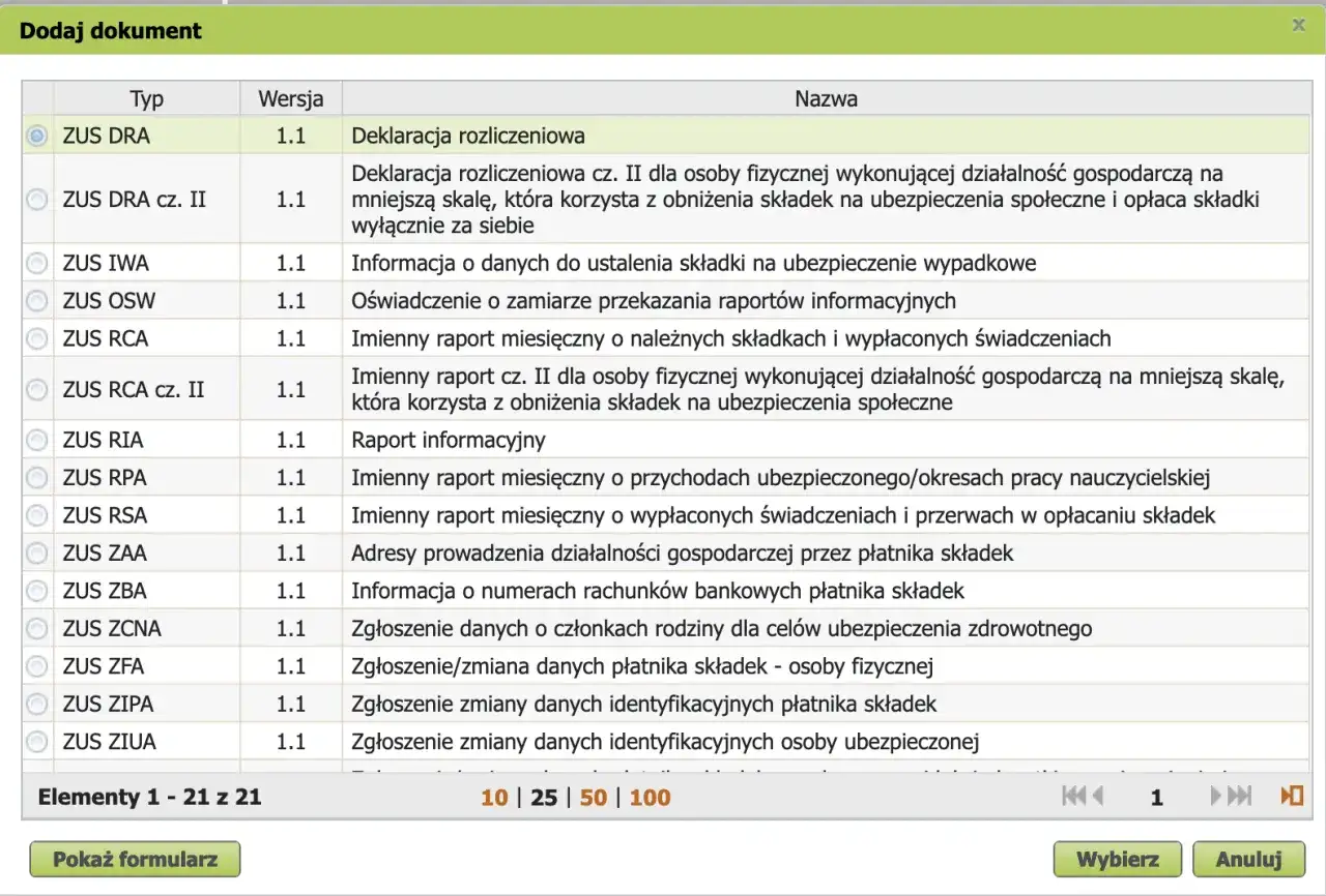 Wybierz formularz ZUS DRA, aby wypełnić deklarację rozliczeniową.