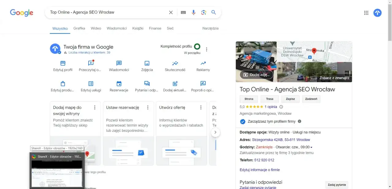 Wyniki wyszukiwania Google dla "Top Online - Agencja SEO Wrocław". Widoczny panel zarządzania firmą, opcje edycji profilu, dodawania ofert i zarządzania rezerwacjami.