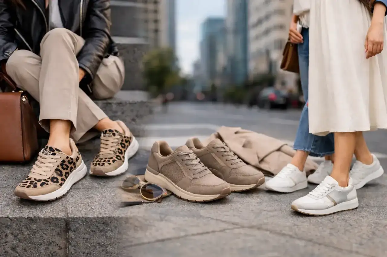 Zapatillas woman con estampado de leopardo y modelos en tonos neutros, perfectas para un paseo urbano.