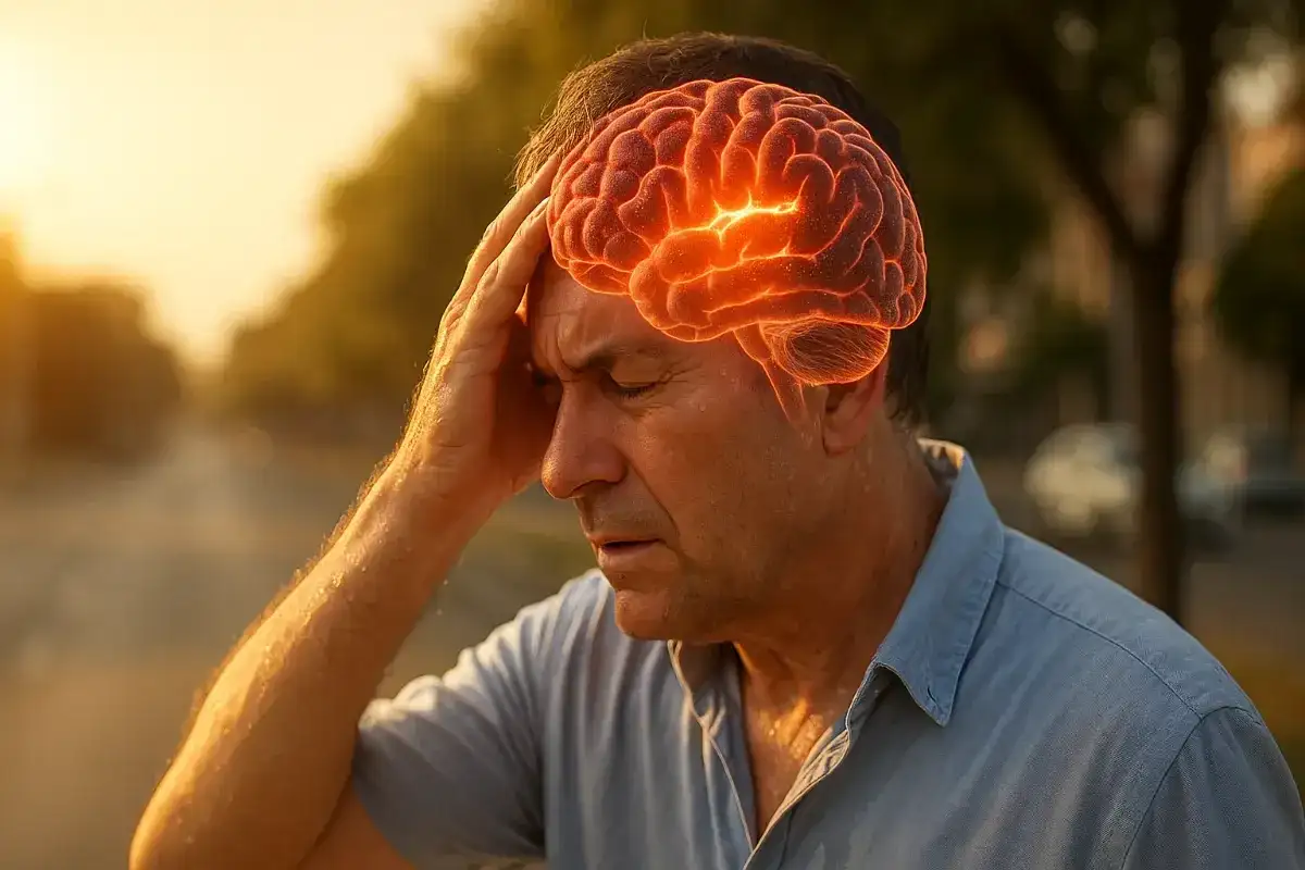 Mężczyzna z bólem głowy, świecący mózg symbolizuje odwodnienie objawy neurologiczne.