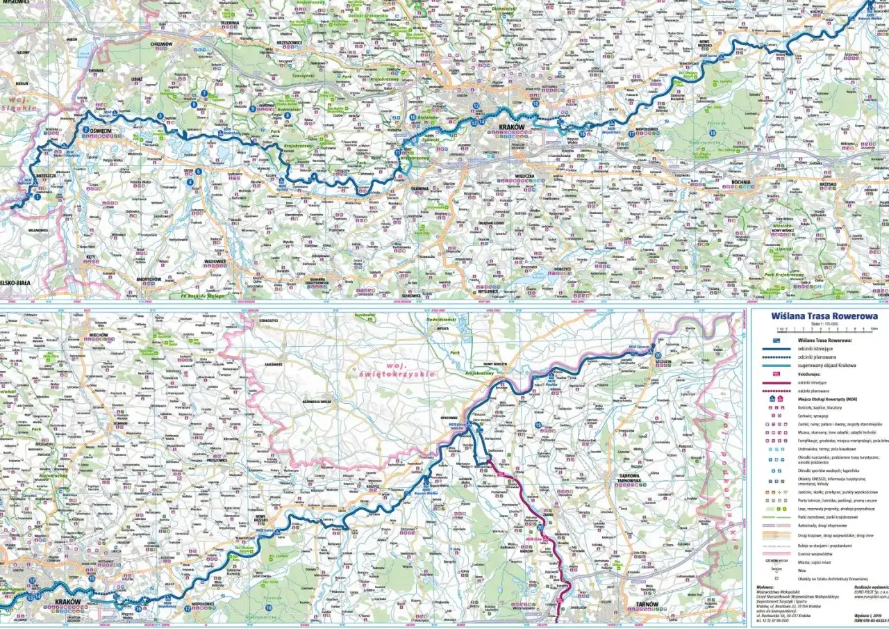 Mapa przedstawia trasę rowerową wzdłuż Wisły, z zaznaczonymi odcinkami istniejącymi i planowanymi, od Krakowa po Tarnów.