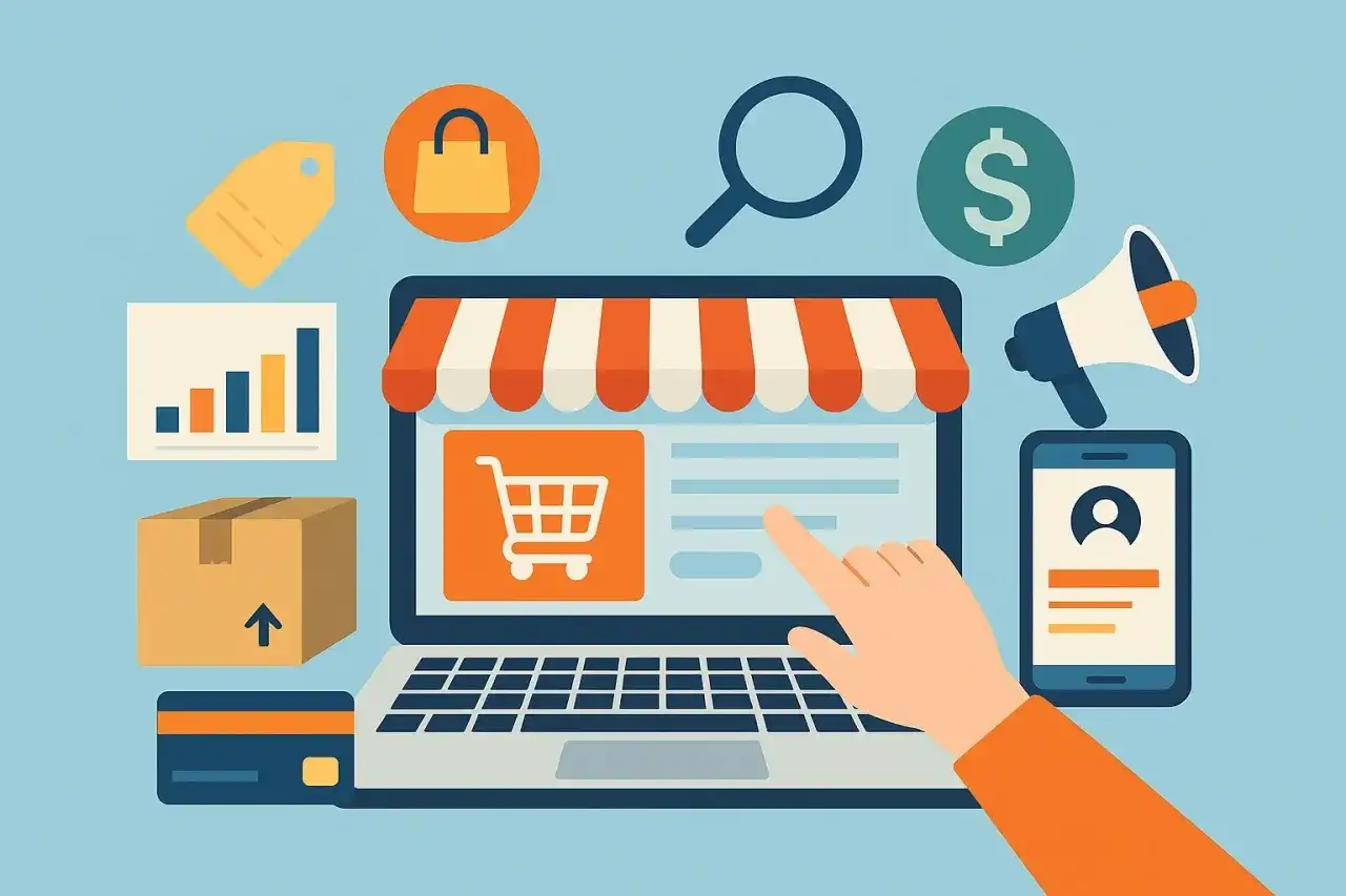 Grafika ilustruje e-commerce jak zacząć: laptop z wirtualnym sklepem, koszyk, karta płatnicza, paczka, wykresy, lupa, głośnik i ikona profilu.