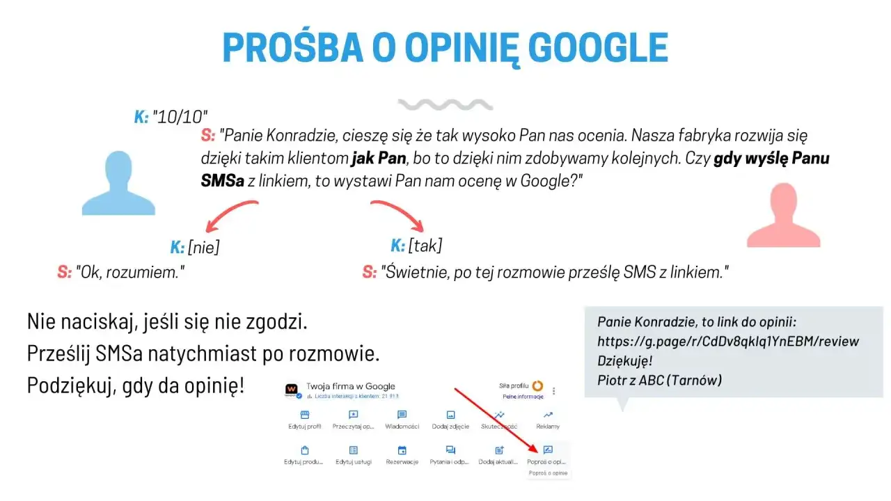 Prośba o wystawienie opinii wzór. Klient ocenia firmę na 10/10. Sprzedawca pyta, czy wyśle link do opinii w Google. Klient się zgadza.