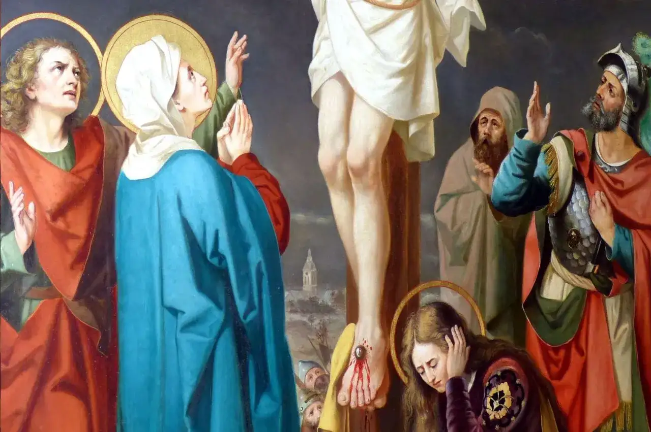 Kto stal pod krzyżem? Maryja, Jan i inne postacie w żałobie.