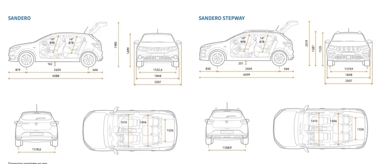 Schemat Dacia Sandero i Sandero Stepway z wymiarami. Dacia Sandero Stepway ma większy prześwit, co widać na schemacie.