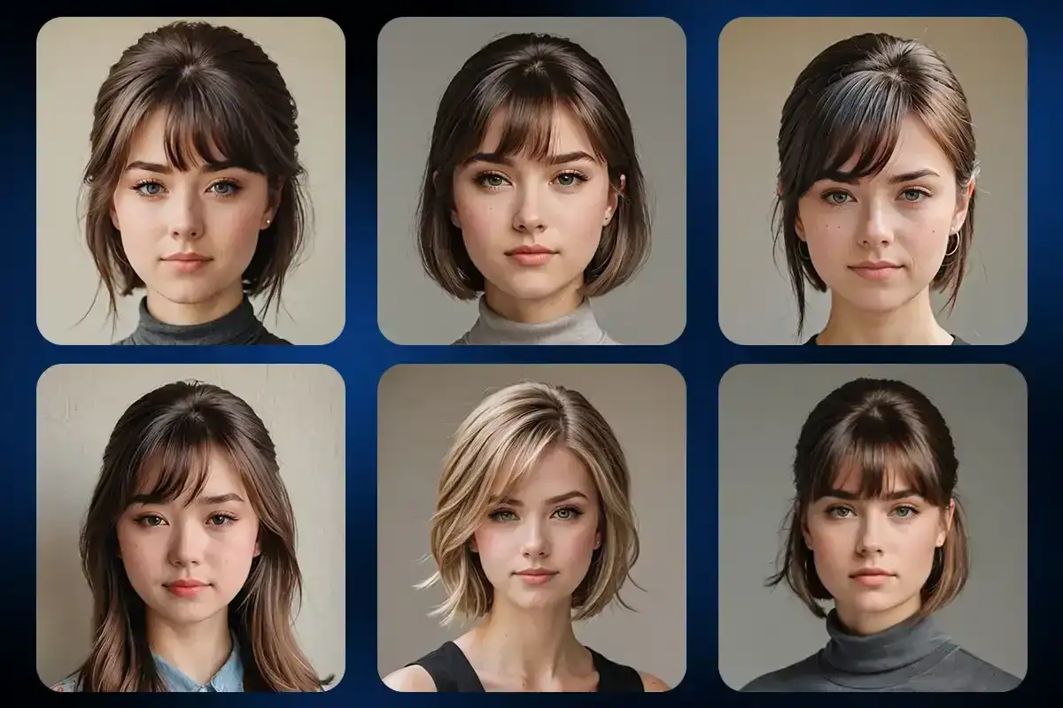 Seis retratos de mujeres con distintos tipos de flequillo, desde rectos y cortos hasta desfilados y laterales.