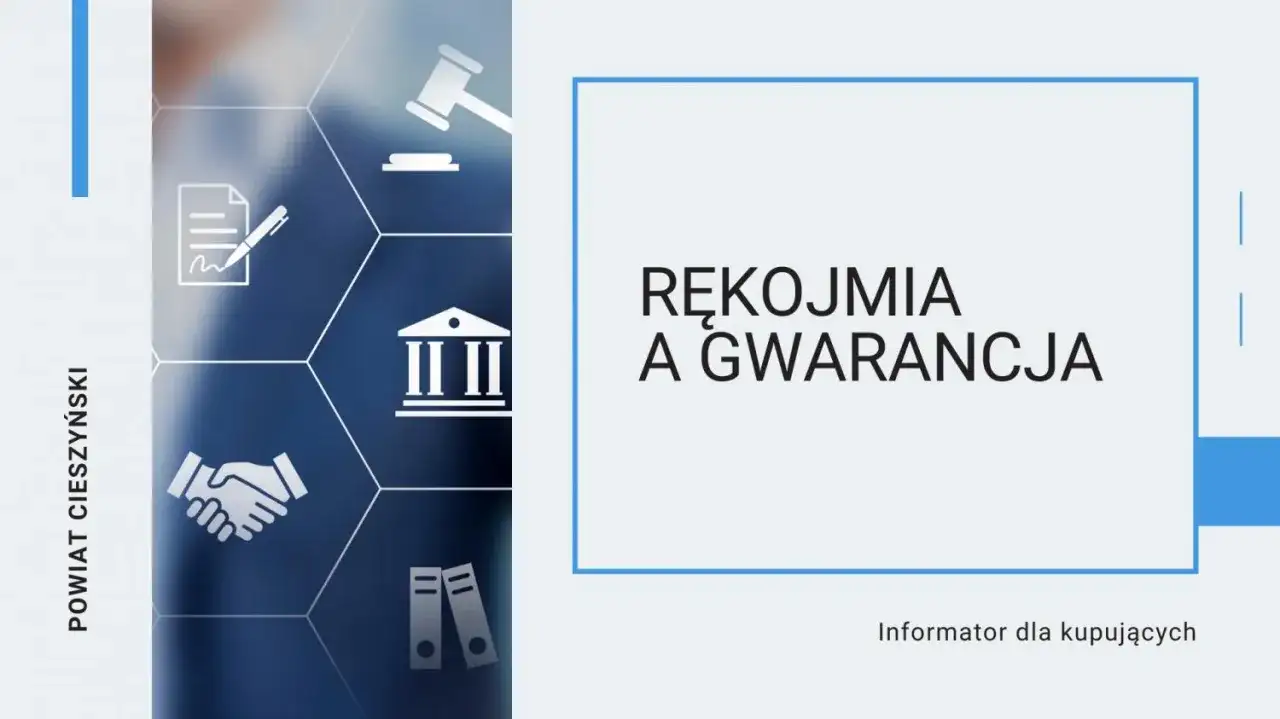 Grafika przedstawia ikonografię związaną z prawem i umowami, z hasłem "Rękojmia a gwarancja" na środku. Informator dla kupujących.