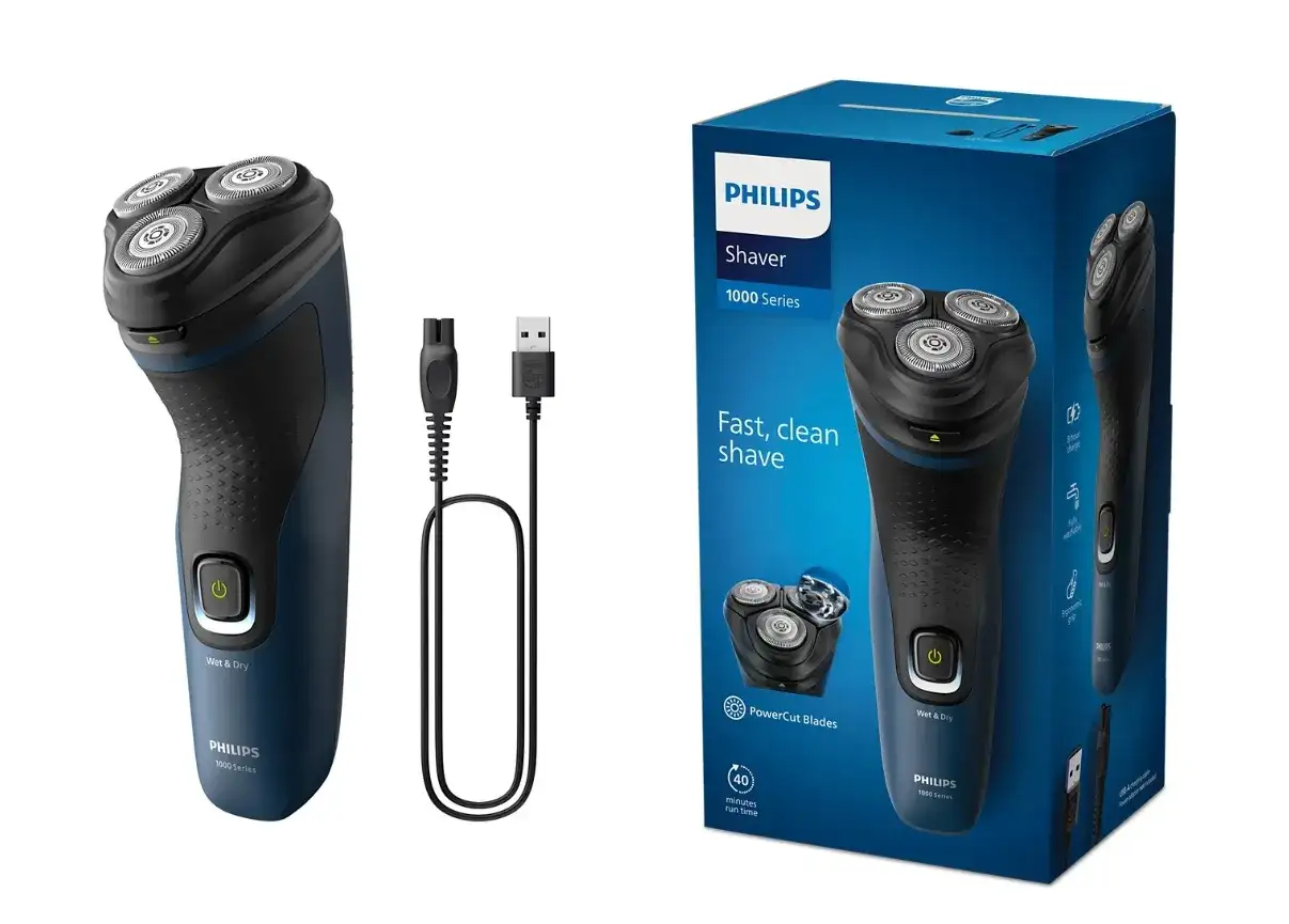 Golarka Philips 1000 Series, kabel USB i opakowanie.