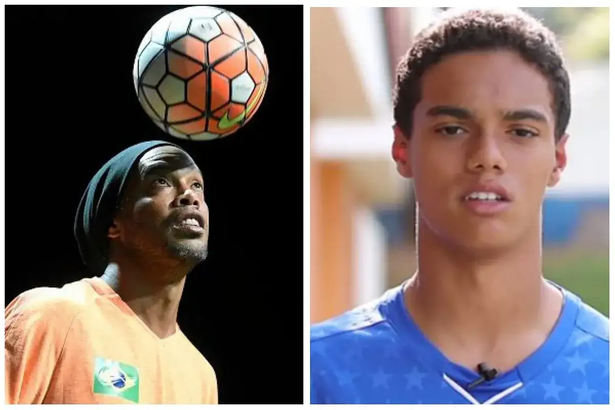 Ronaldinho z piłką nad głową i jego syn. Ile dzieci ma Ronaldinho? Dwoje.