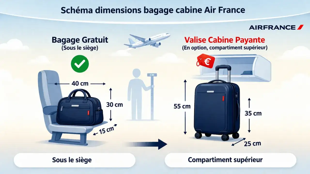 Schéma des dimensions des bagages cabine Air France : un sac sous le siège et une valise en soute.