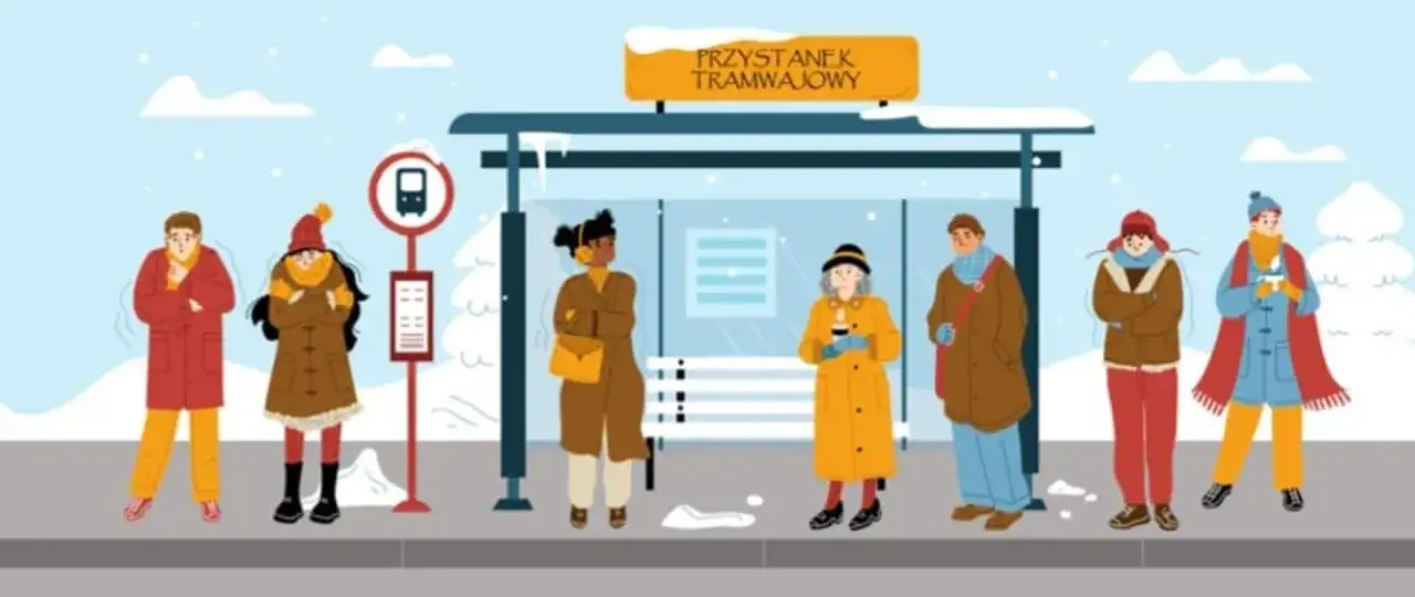 Ludzie na przystanku tramwajowym marzną, mimo że temperatura u dorosłego to 35 stopni Celsjusza. Otuleni w grube płaszcze, czekają na tramwaj.