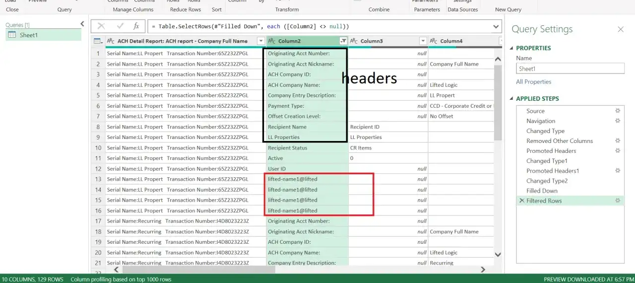 Widok tabeli w Power Query, gdzie zastosowano excel grupowanie wierszy. Widać kolumny z danymi i zastosowane kroki transformacji.