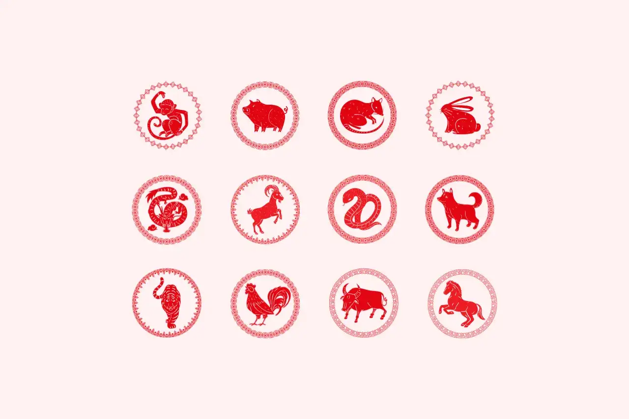 Czerwone, stylizowane chińskie znaki zodiaku: małpa, świnia, szczur, królik, smok, koza, wąż, pies, tygrys, kogut, wół, koń.