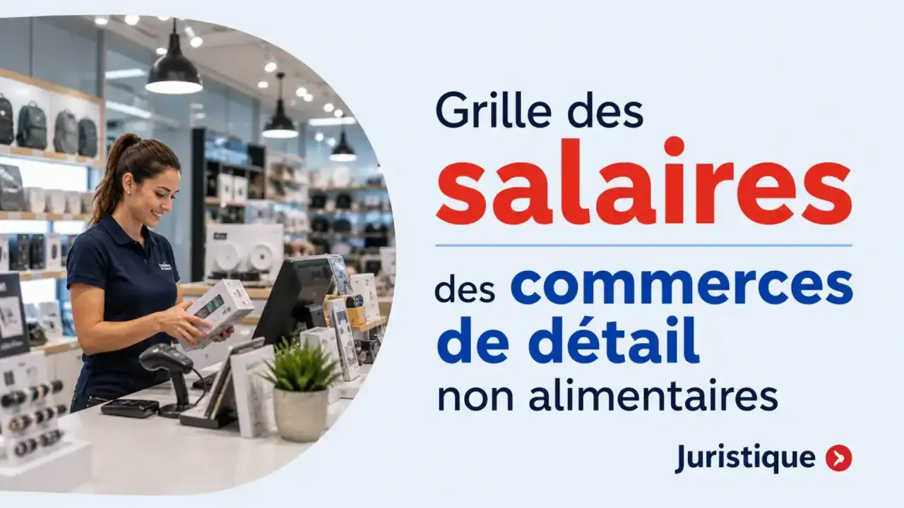 Une vendeuse souriante présente un produit dans un magasin. Le texte indique "Grille des salaires des commerces de détail non alimentaires".
