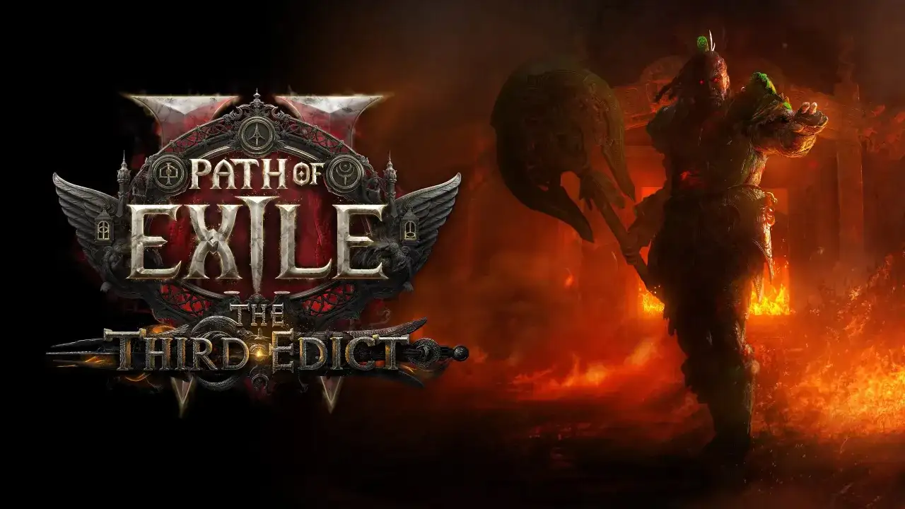 Mroczny wojownik z toporem w płomieniach, obok logo Path of Exile 2 po polsku.