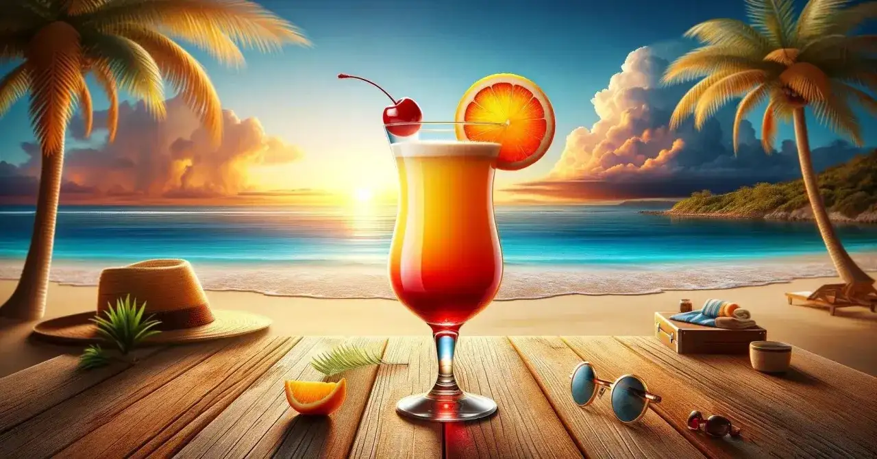 Idealny przepis na Tequila Sunrise na plaży. Koktajl, palmy i zachód słońca tworzą wakacyjny klimat.