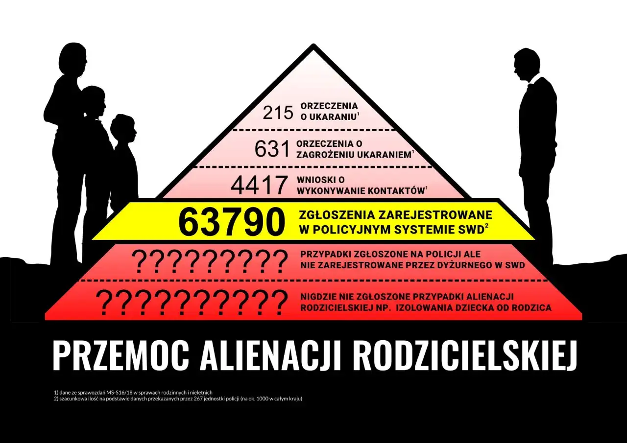 Wykres piramidy pokazuje skalę przemocy alienacji rodzicielskiej, od orzeczeń po niezgłoszone przypadki izolowania dziecka.