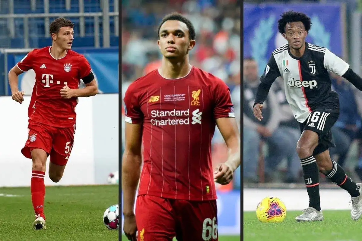 Trzech piłkarzy w akcji: Benjamin Pavard w czerwonej koszulce Bayernu, Trent Alexander-Arnold w czerwonej koszulce Liverpoolu i Juan Cuadrado w czarno-białej koszulce Juventusu. To są najlepsi obrońcy na świecie.