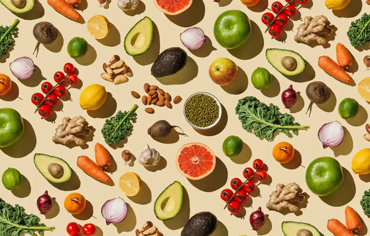 Bunte Vielfalt: Avocados, Karotten, Zitrusfrüchte, Nüsse und grünes Blattgemüse – ideal für eine gesunde Ernährung während der Schwangerschaft.
