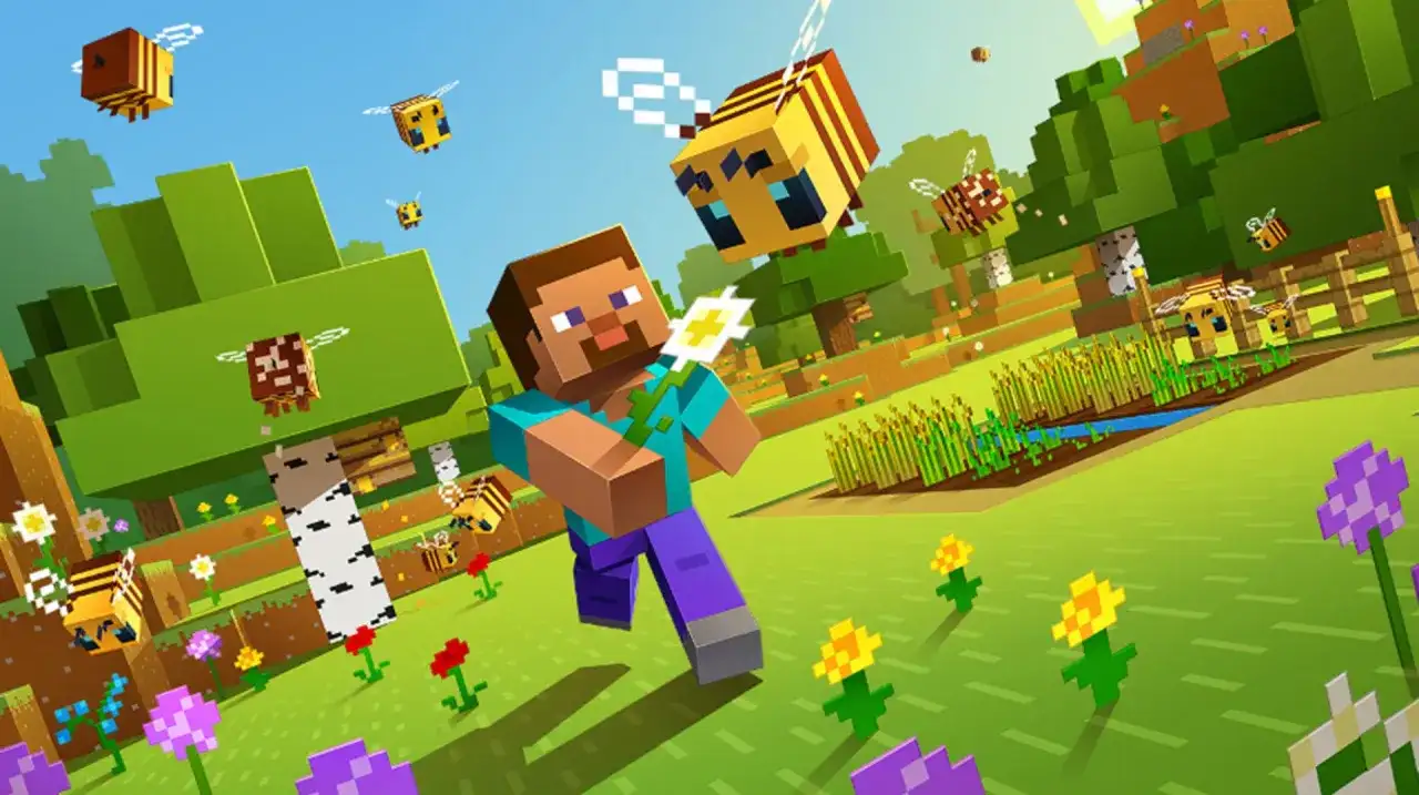 Steve z Minecrafta zbiera kwiaty, otoczony przez pszczoły. Może to być inspiracja do tworzenia własnych komendy Minecraft.