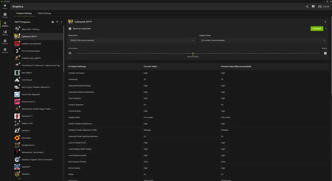 NVIDIA Experience pokazuje ustawienia graficzne dla Cyberpunk 2077, z rozdzielczością 3840x2160 i opcją optymalizacji.