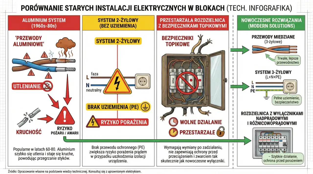 Ilustracja porównująca stare instalacje elektryczne z nowymi, pokazująca przewody aluminiowe i bezpieczniki topikowe vs. miedziane i wyłączniki nadprądowe.