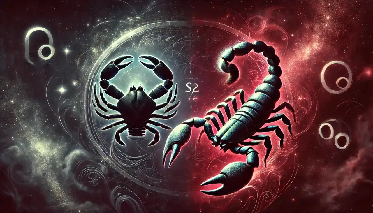 Rak i skorpion, dwa znaki zodiaku, w kosmicznej scenerii. Lewa strona ciemna, prawa ognista.