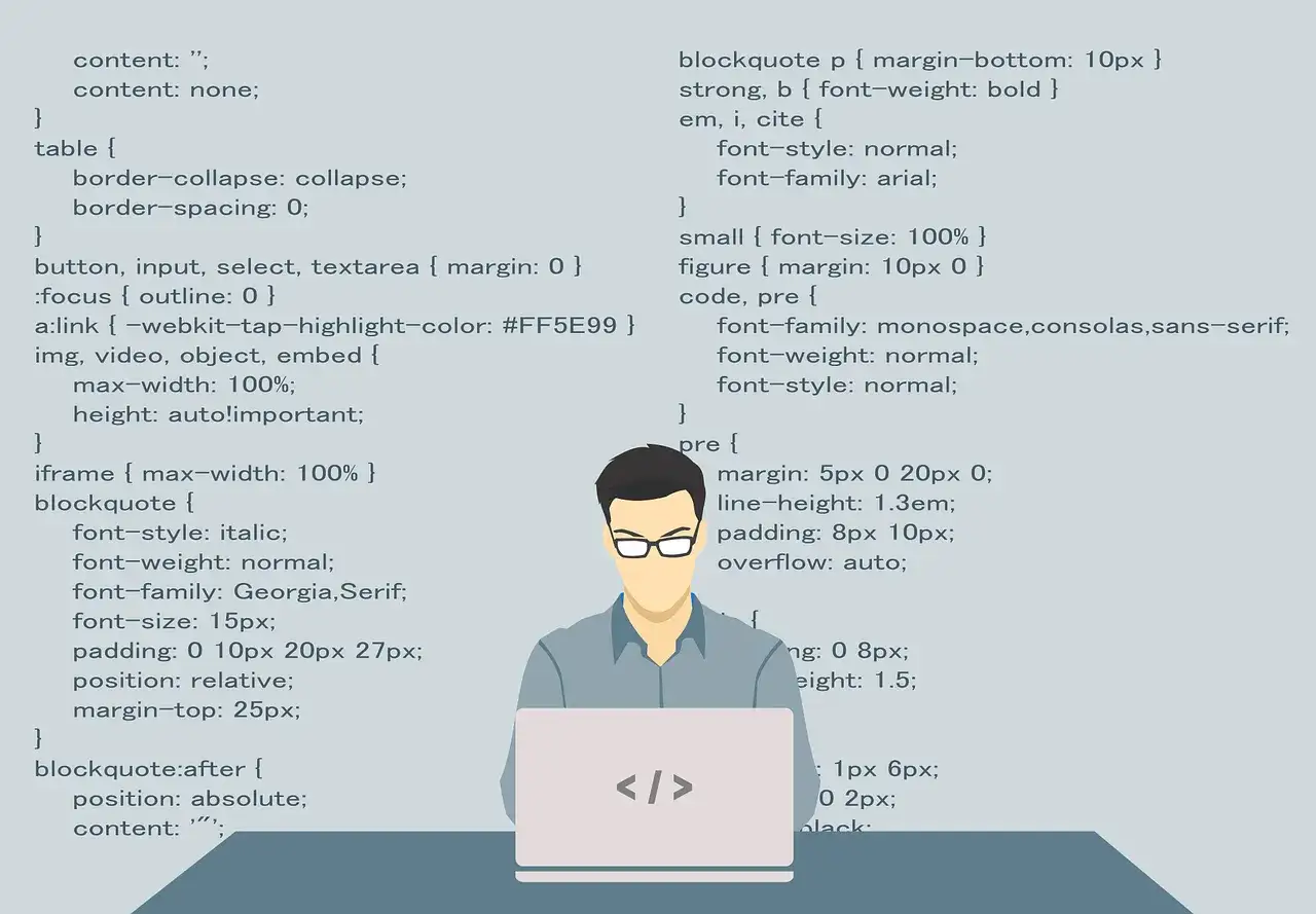 Programista przy laptopie, kod CSS na ekranie. Wyszukiwanie na stronie skrót.