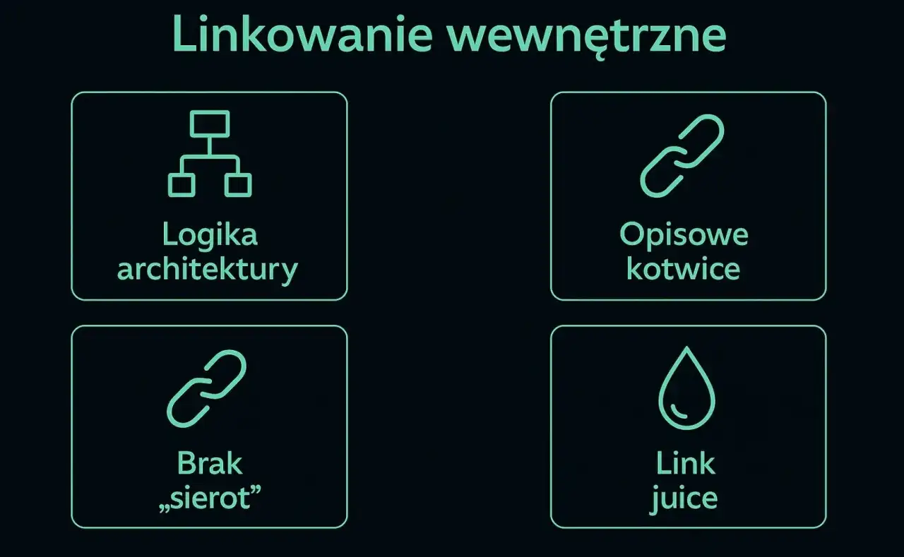 Diagram przedstawia cztery aspekty linkowania wewnętrznego: logikę architektury, opisowe kotwice, brak stron sierot i "link juice". Kluczowe dla **page rank**.