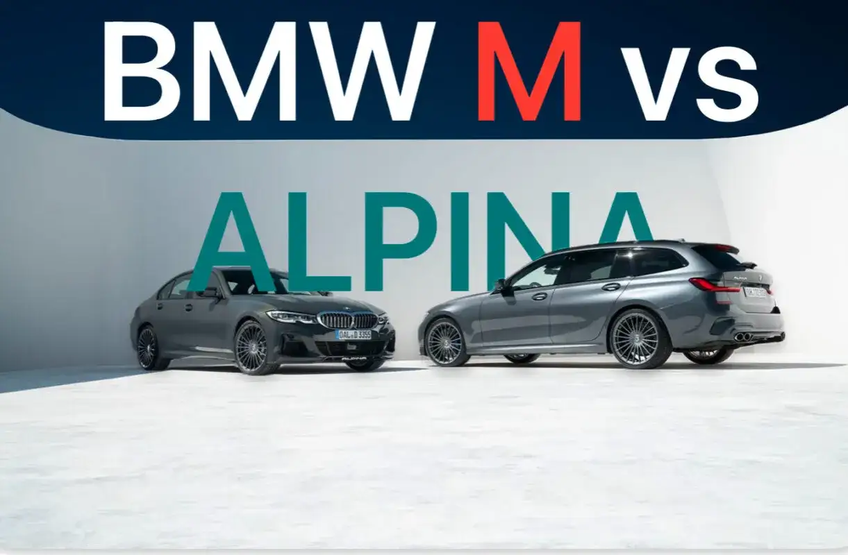 Dwa sportowe BMW: sedan i kombi, z napisem "ALPINA" w tle.