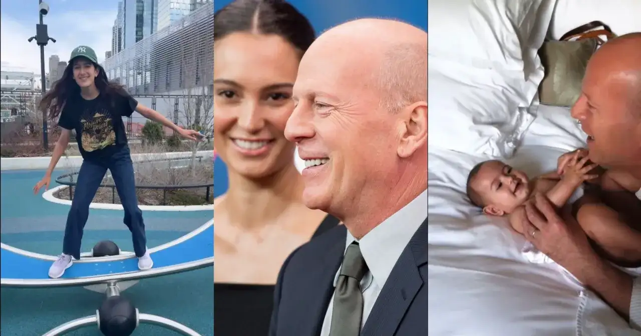 Emma Heming z dziećmi: córka na placu zabaw, ona i Bruce Willis, oraz Bruce z niemowlęciem.