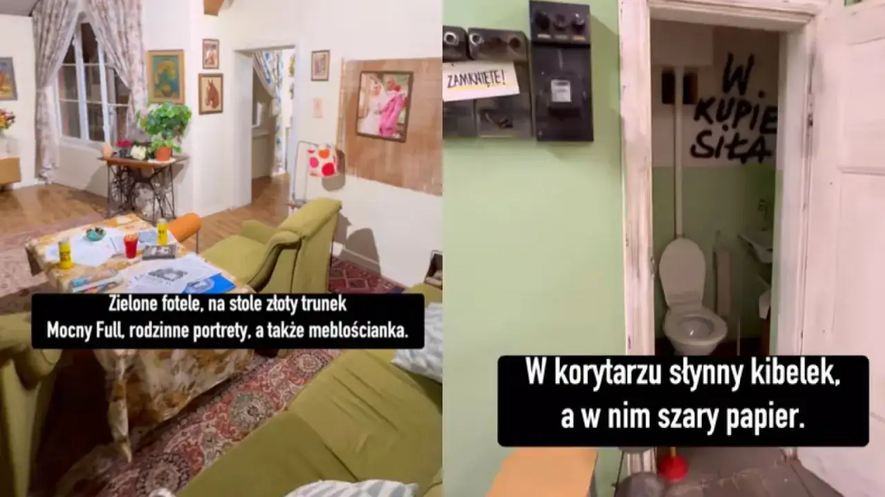Wnętrze mieszkania z serialu "Świat według Kiepskich". Zielone fotele, meblościanka i słynny kibelek w korytarzu.