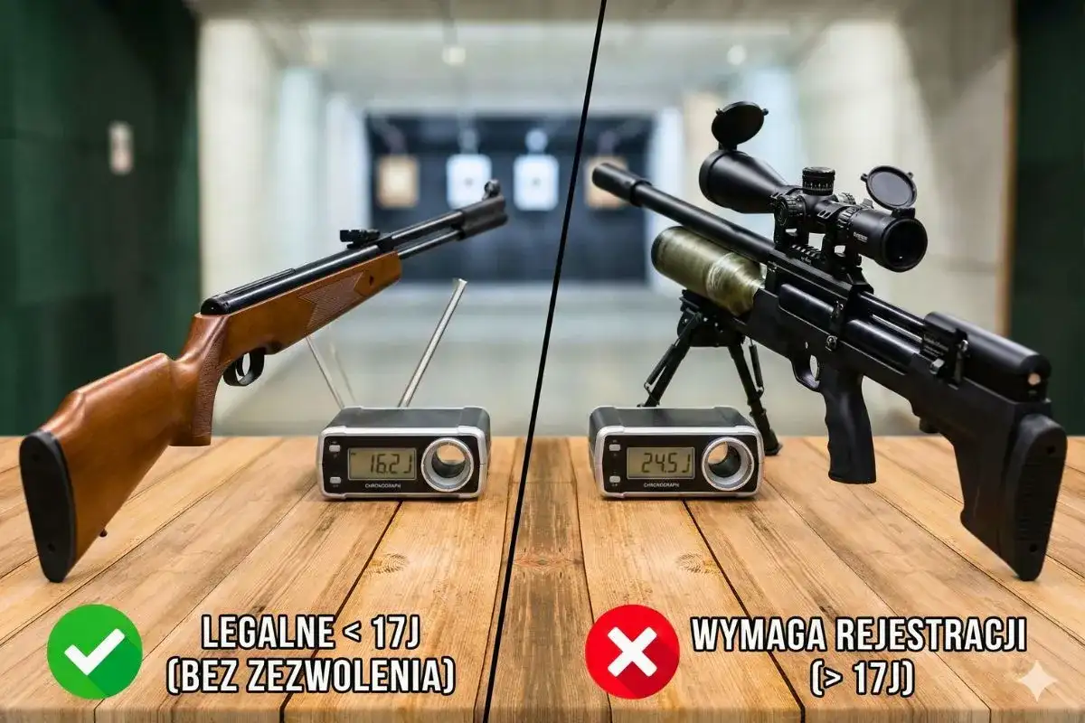 Dwie bronie pneumatyczne na stole. Po lewej legalna broń < 17J, po prawej broń wymagająca rejestracji (> 17J).