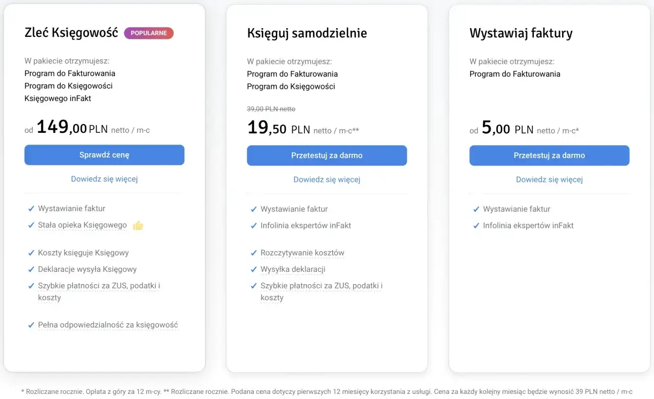 Oferty b2b: Zleć księgowość od 149 zł netto/m-c, księguj samodzielnie od 19,50 zł netto/m-c, wystawiaj faktury od 5 zł netto/m-c.
