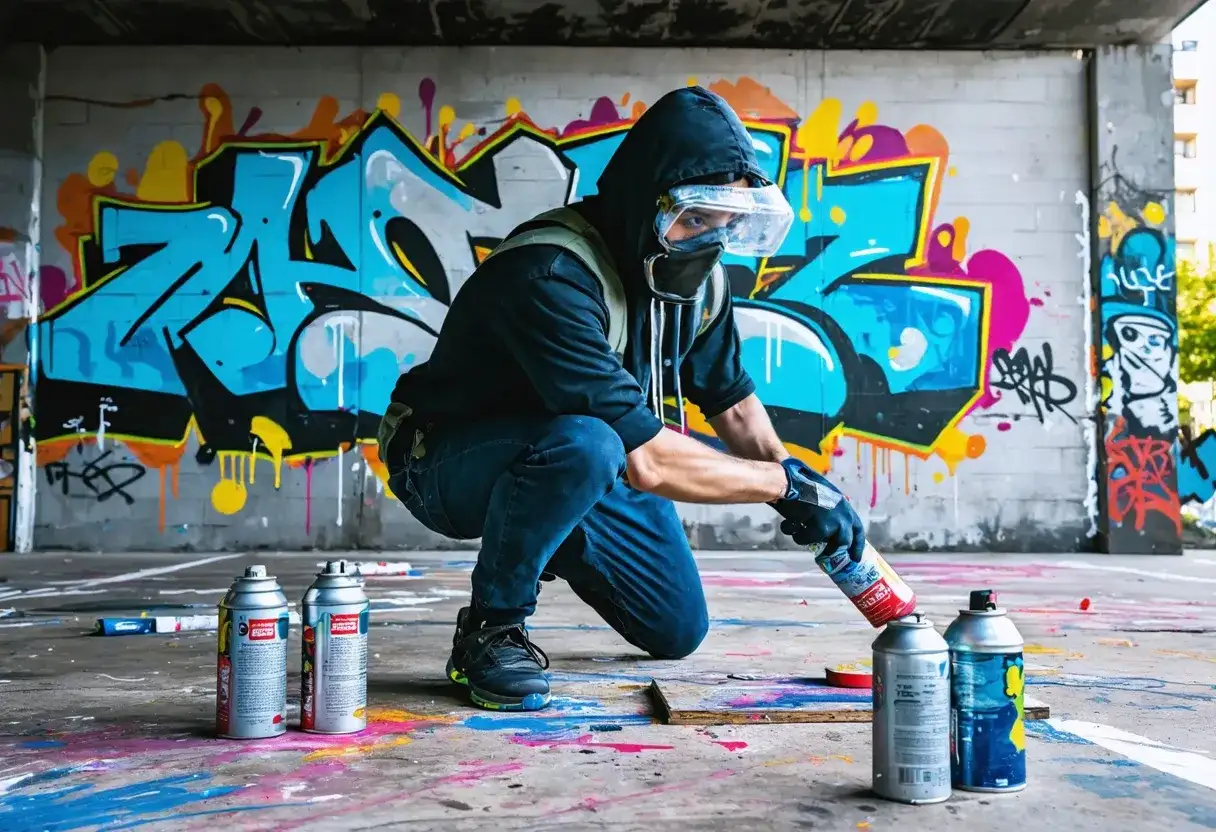 Person in Schutzkleidung kniet vor bunter Graffiti-Wand und hält Sprühdose.