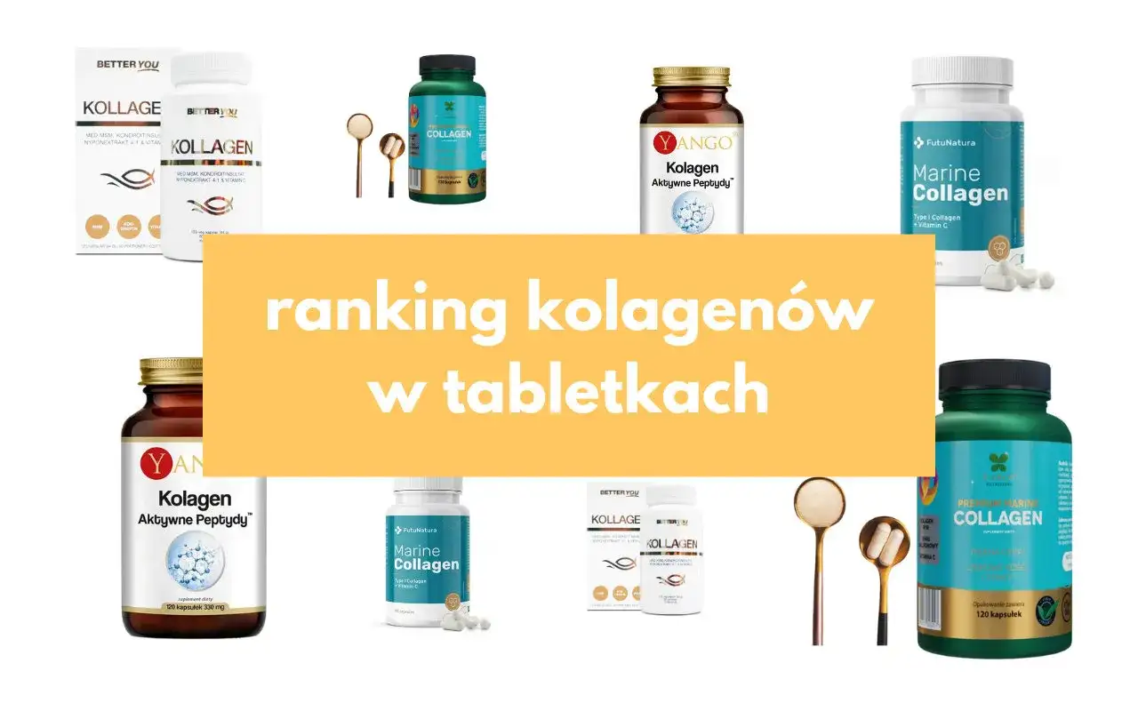 Zdjęcie przedstawia różne opakowania kolagenu w tabletkach i kapsułkach, a także łyżeczki z proszkiem.