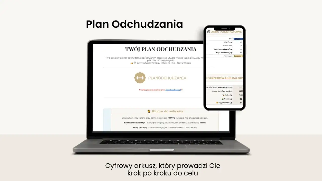 Cyfrowy arkusz "Plan Odchudzania" pomoże Ci zacząć odchudzanie. Zawiera dane podstawowe, zapotrzebowanie kaloryczne i klucze do sukcesu.