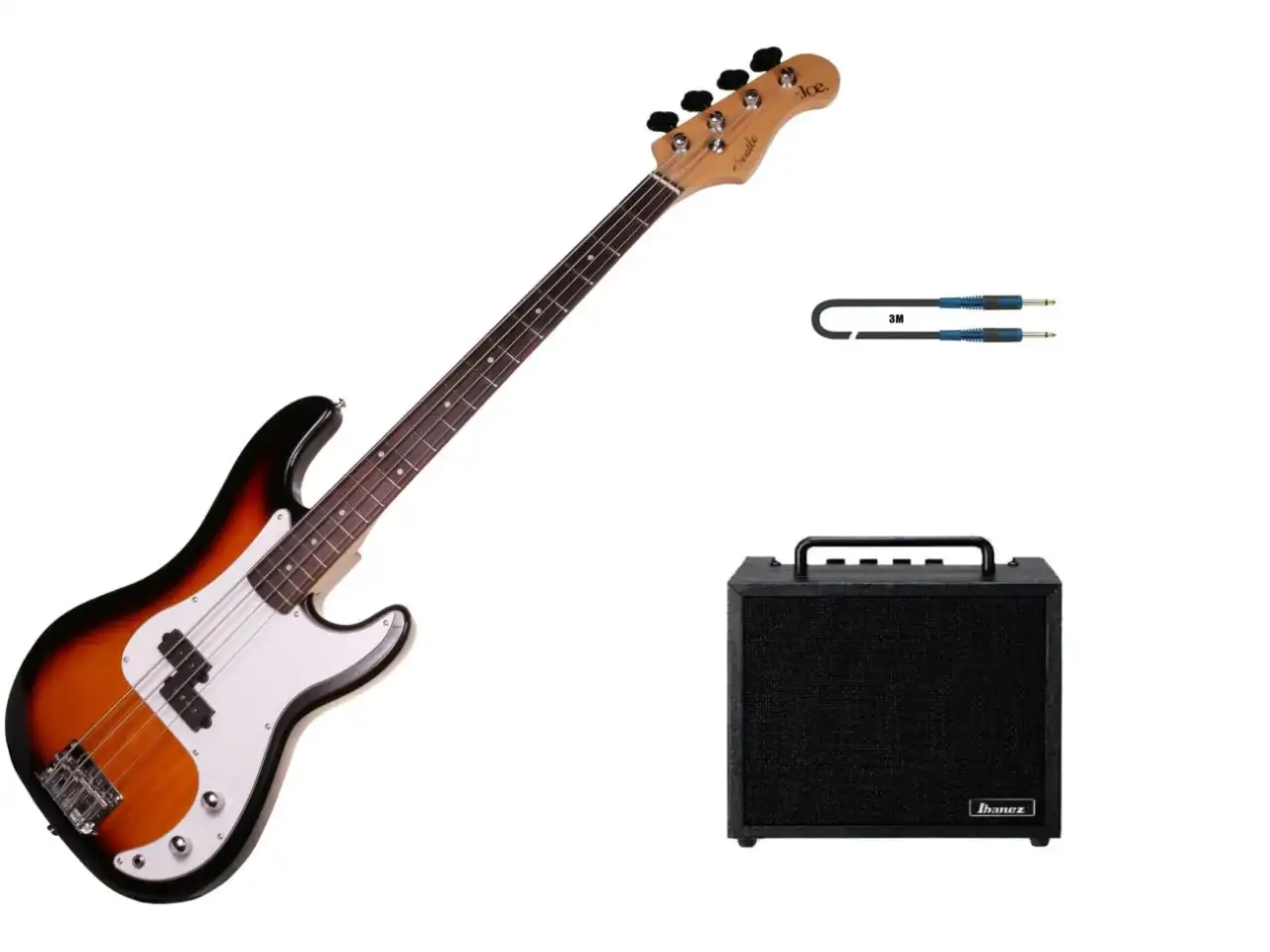 Zestaw gitara basowa, wzmacniacz Ibanez i kabel 3M. Idealny dla początkujących muzyków.