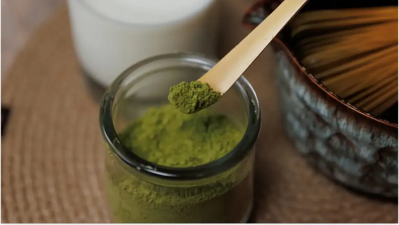 Sypka zielona matcha na bambusowej łyżeczce, obok słoiczek z proszkiem, szklanka mleka i miotełka do ubijania. Idealne składniki, by dowiedzieć się, jak pić matcha.