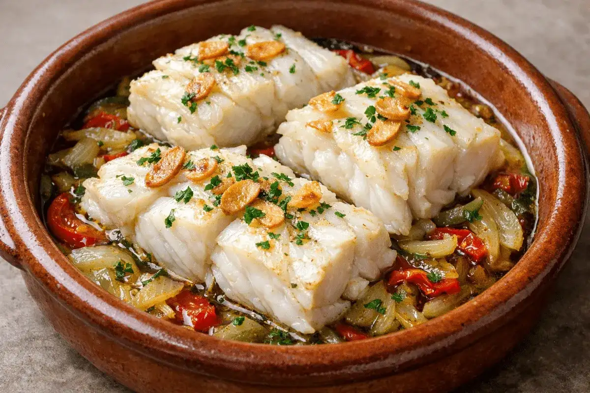 Bacalao al horno jugoso, servido en cazuela de barro con pimientos, cebolla y ajo crujiente.