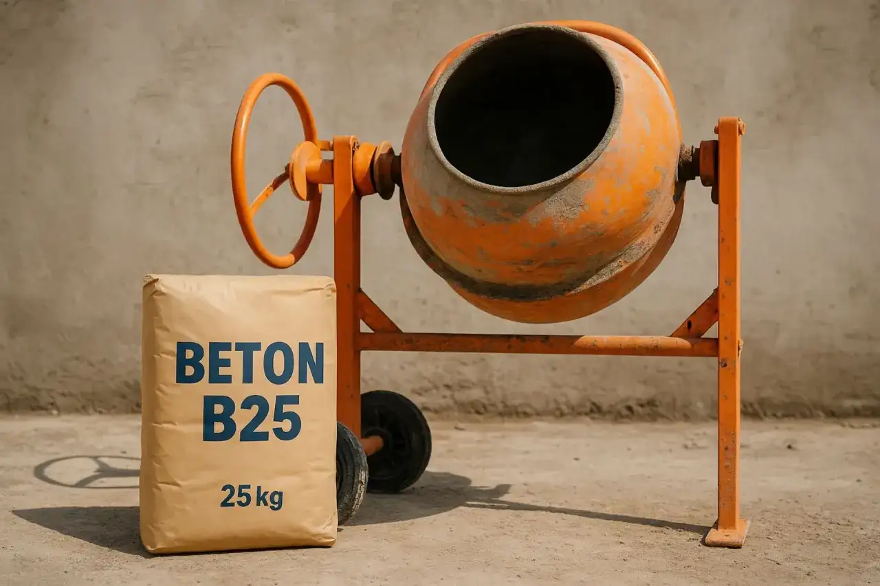 Pomarańczowa betoniarka i worek z napisem "BETON B25 25 kg". Różne rodzaje betonu czekają na przygotowanie.