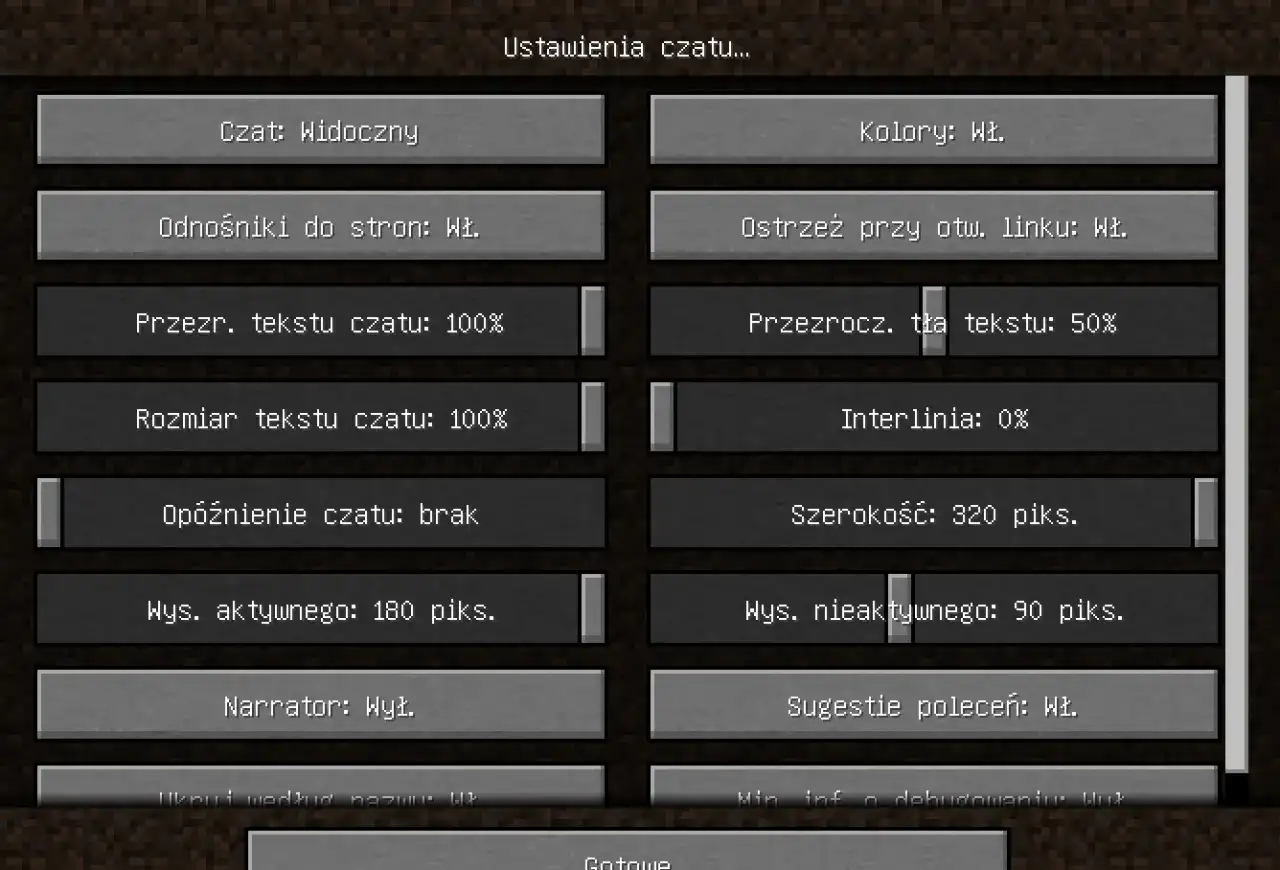 Ustawienia czatu w Minecraft. Aby wyłączyć narratora, znajdź opcję "Narrator: Wył." i kliknij.
