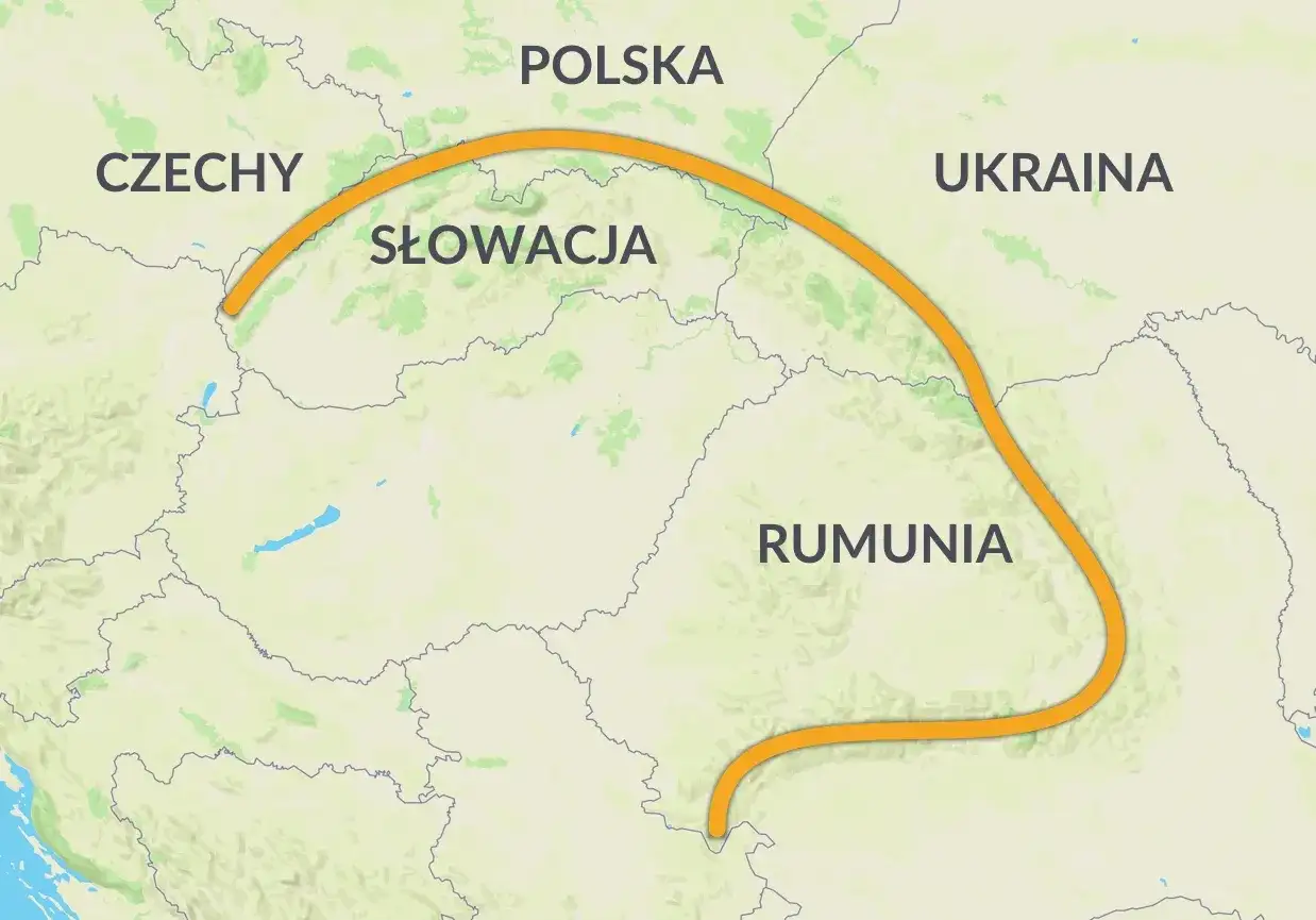 Mapa Europy Środkowej z zaznaczonym łukiem Karpat, biegnącym przez Czechy, Słowację, Polskę, Ukrainę i Rumunię.
