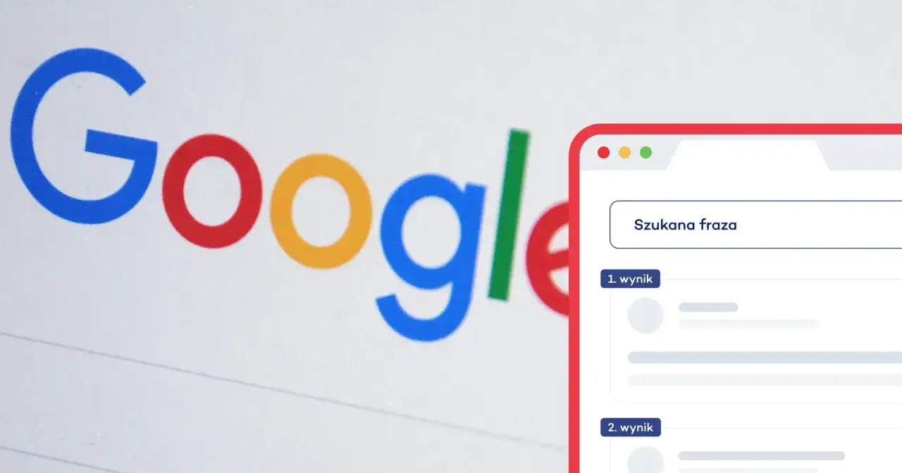 Google logo obok okna wyszukiwania z polem "Szukana fraza" i wynikami. Dążysz do darmowe pozycjonowanie stron?