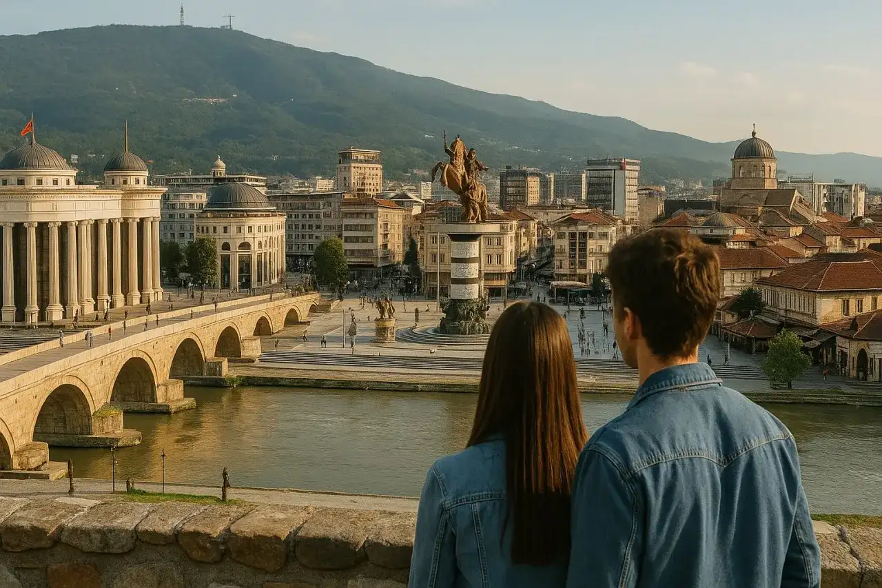 Para młoda podziwia panoramę Skopje, idealne miejsce na macedonia wakacje. Widok na kamienny most, rzekę i plac z pomnikiem.