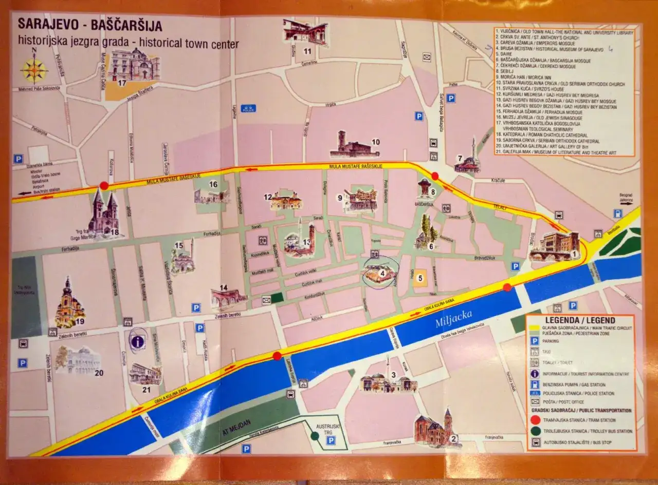 Mapa Baščaršije w Sarajewie: zobacz zabytki, muzea i meczety. Znajdź drogę do zabytków, które warto zobaczyć w Sarajewie.