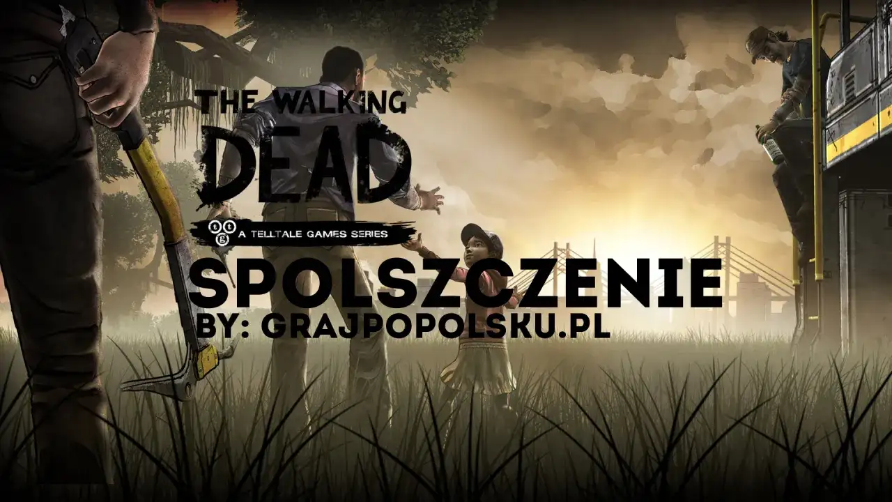 The Walking Dead: The Telltale Definitive Series spolszczenie. Lee ratuje Clementine, a na tle mostu i pociągu widać napisy.